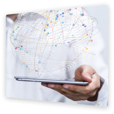Person holding a tablet with a digital globe composed of interconnected lines and nodes hovering above it, representing global communication and data exchange.